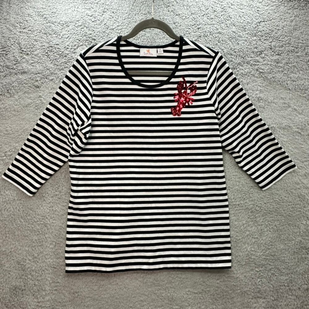 Quacker Factory Medium Top Black White Stripes 1/2  Sleeves Red Sequin Lobster